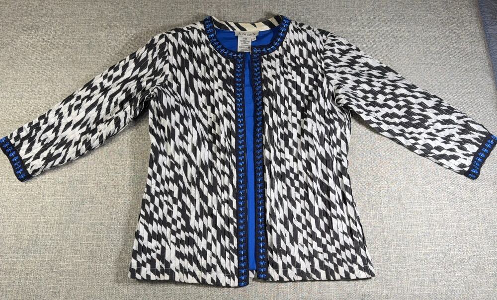 A La Carte Womens XS Jacket Black White Blue Embroidered Beaded Boho Art
